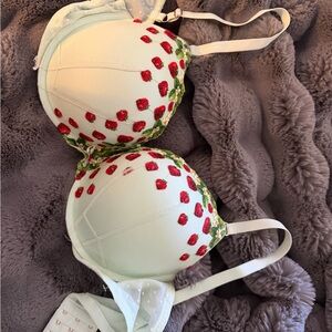 Victoria's Secret 36 DD GREEN red strawberry embroidery EUC Push Up Bra